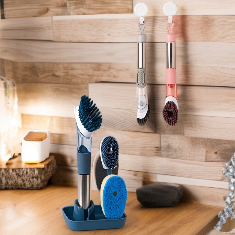 家庭用フォーインワン長柄キッチン食器用洗剤自動液体ポットブラシスポンジナイロン交換用プッシュ式ポットブラシ