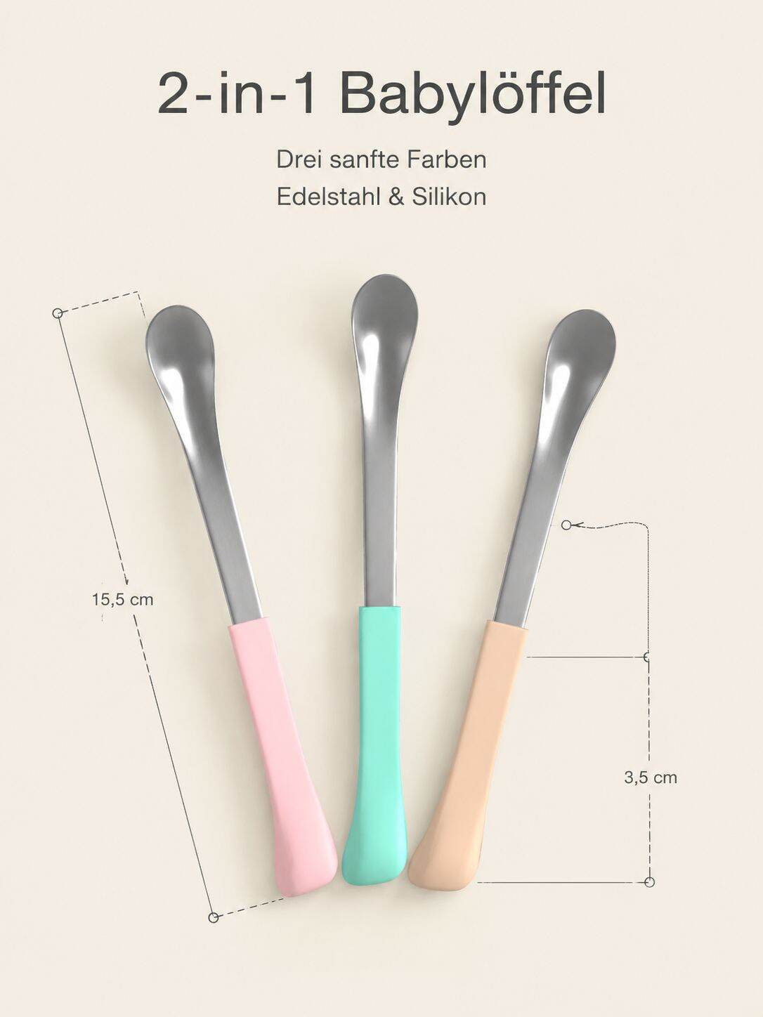 Baby-Löffel mit Silikonhülle, Edelstahl, für Beikost, mit weichen und harten Enden