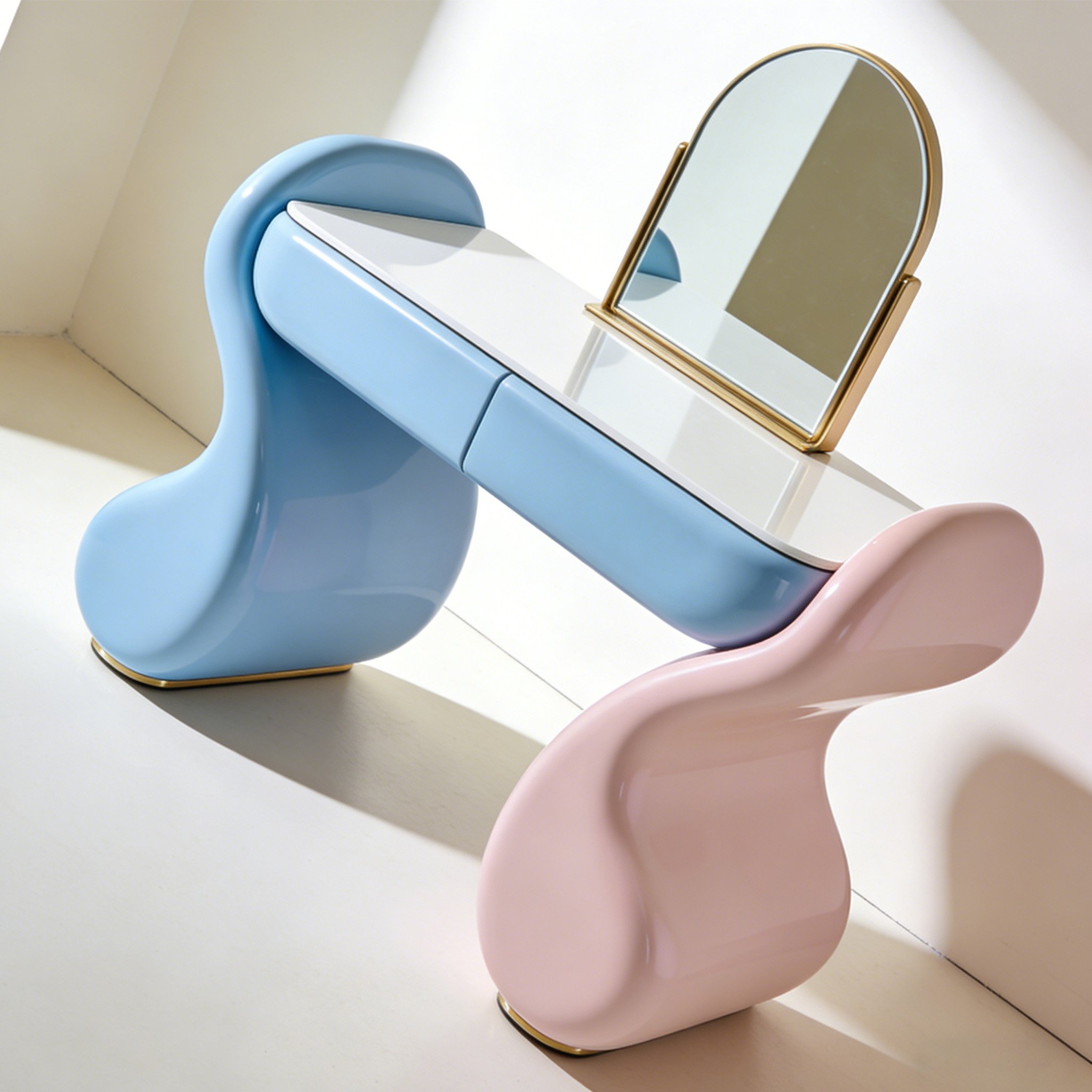 거울이 있는 세련된 화장대 전체 모습