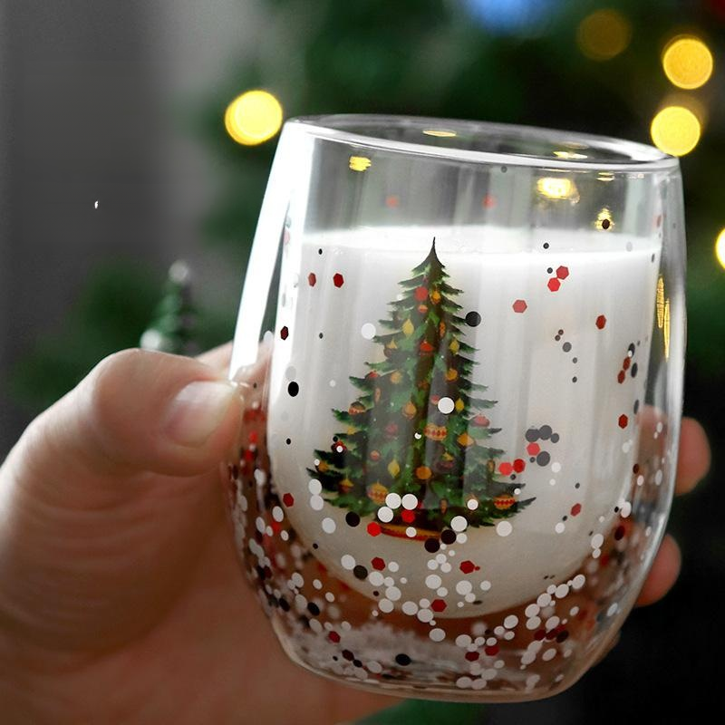 Weihnachtsbaum-Glasbecher mit doppelter Wand und beweglichen Pailletten