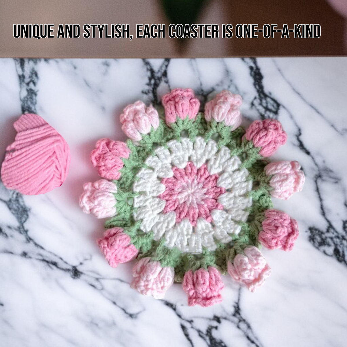 Handmade Knitted Insulated Coaster on wooden table