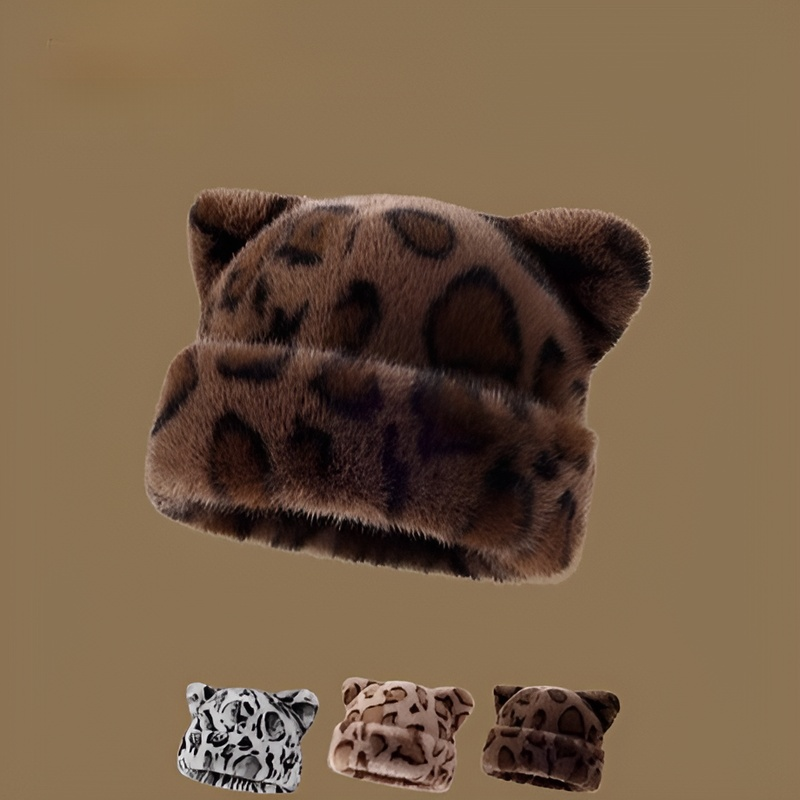 Thick Plush Leopard Print Bear Ear Warm Hat