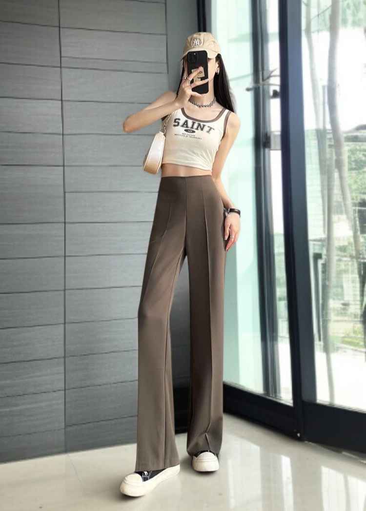 여성 봄가을 작은 키 슬림 와이드 팬츠 처짐 옆 지퍼 정장 팬츠 힙업 일자 팬츠 하이웨스트 캐주얼 팬츠