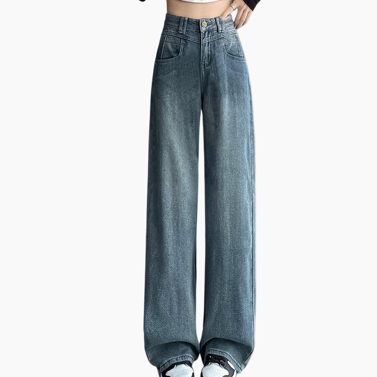 하이웨스트 슬림 와이드 팬츠 일자핏 데님 팬츠 여자 별 와이드 팬츠