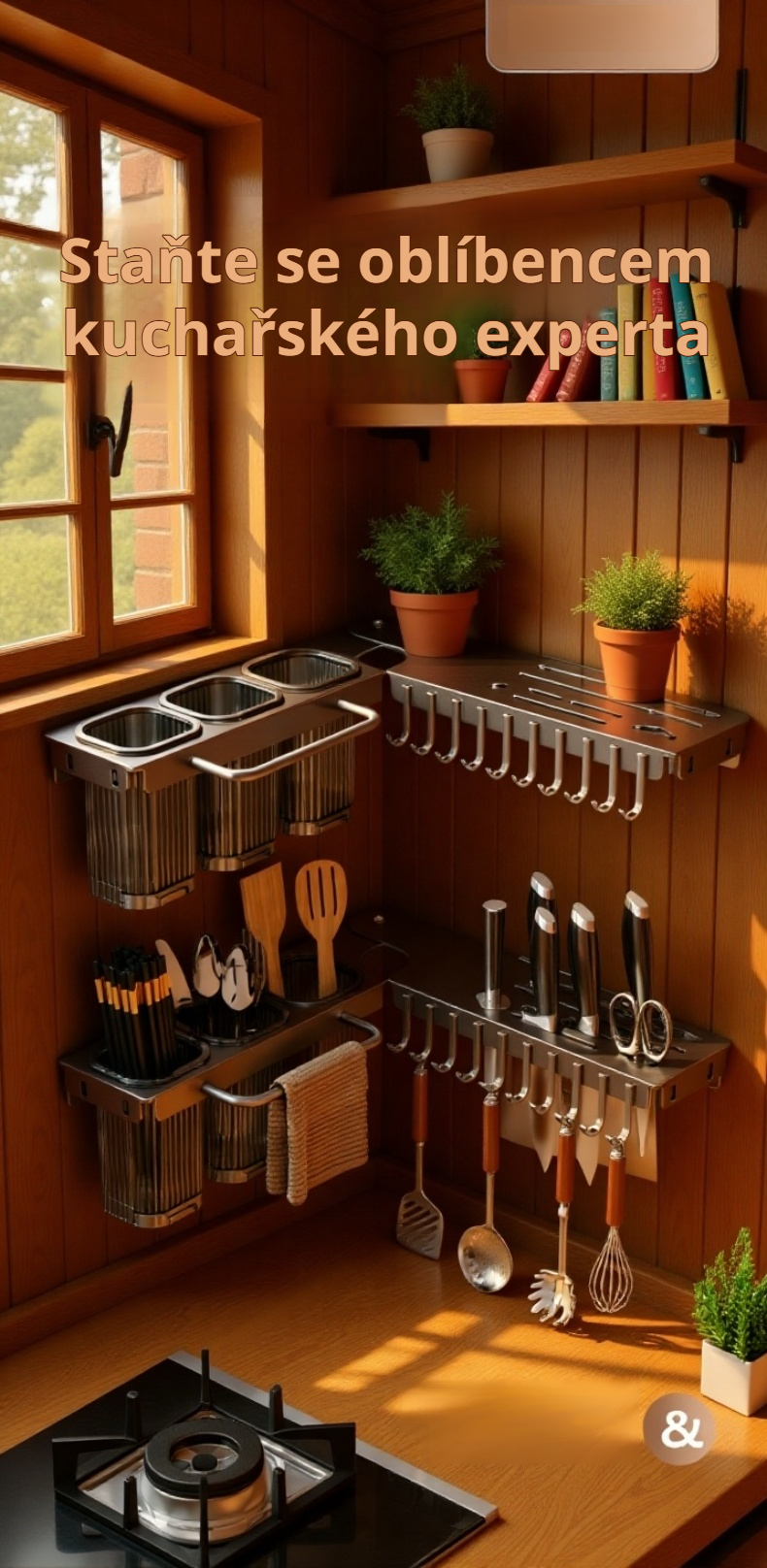 Rohový nástěnný kuchyňský stojan na nože a hůlky s úložným prostorem
