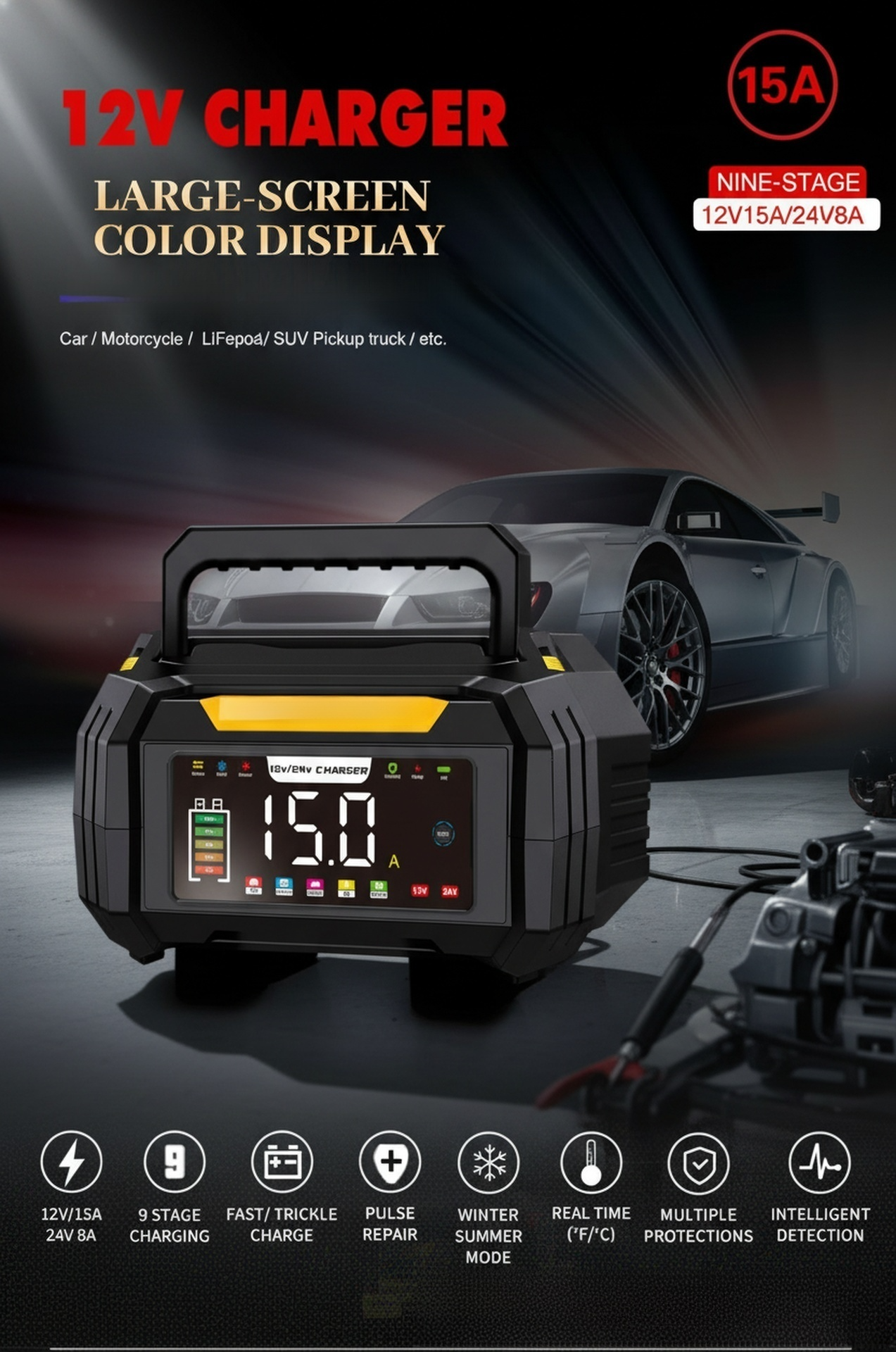 Portable car battery charger for lead-acid and lithium iron phosphate batteries