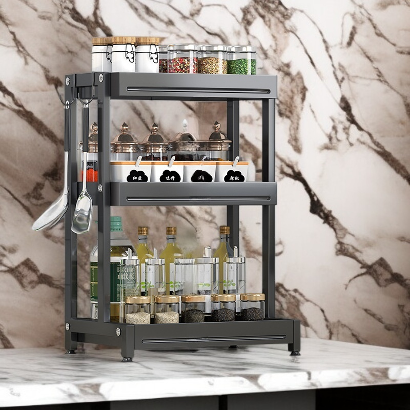 Tiered shelf holding kitchen bottles and jars