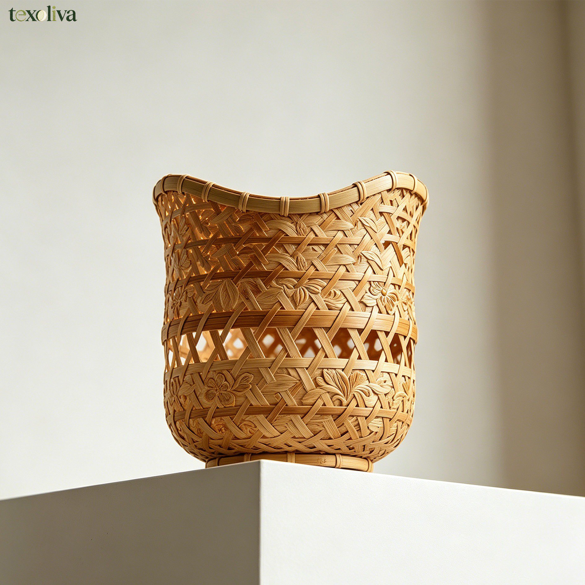 Handmade bamboo wall hanging basket on white background