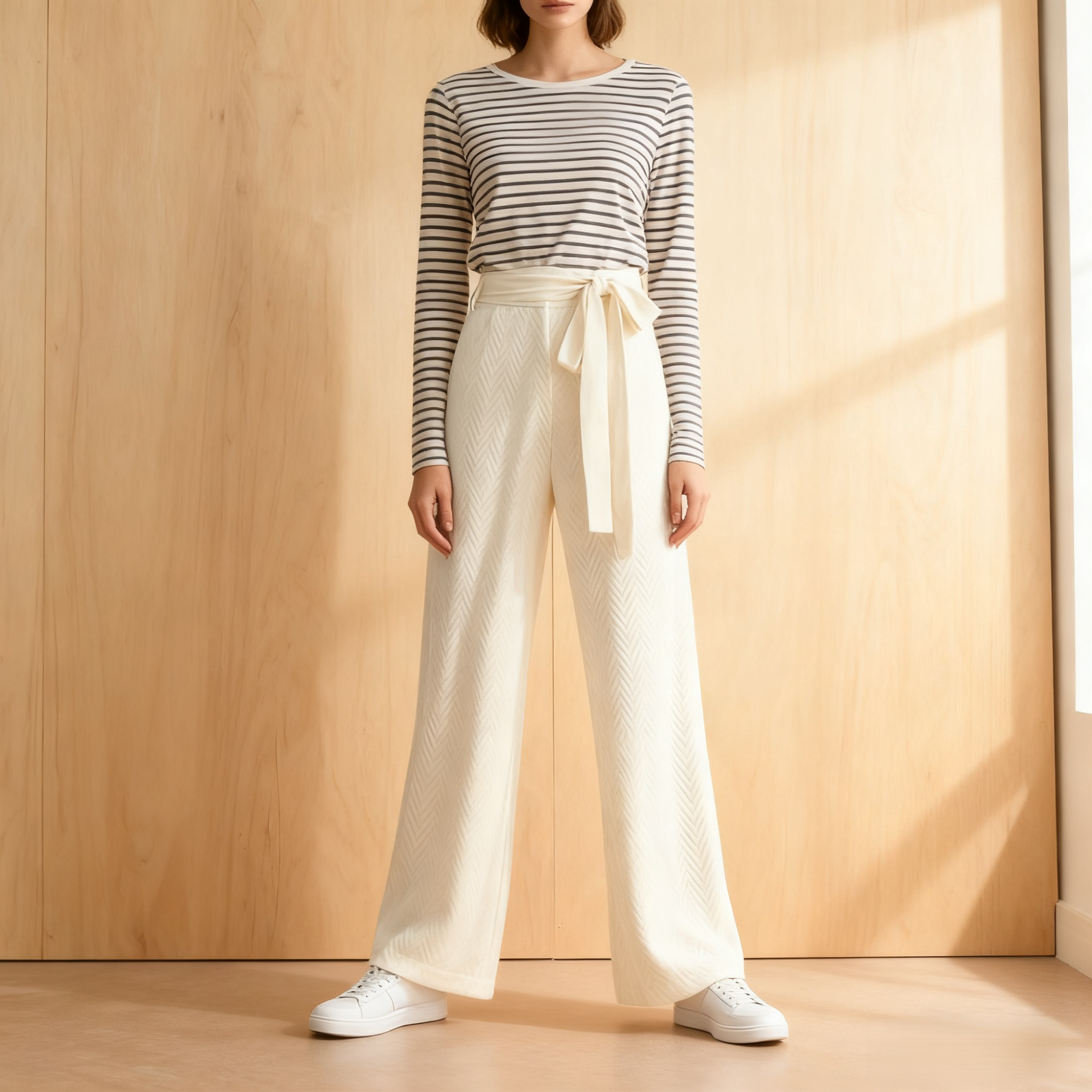 화이트 리본 와이드 팬츠 여성용