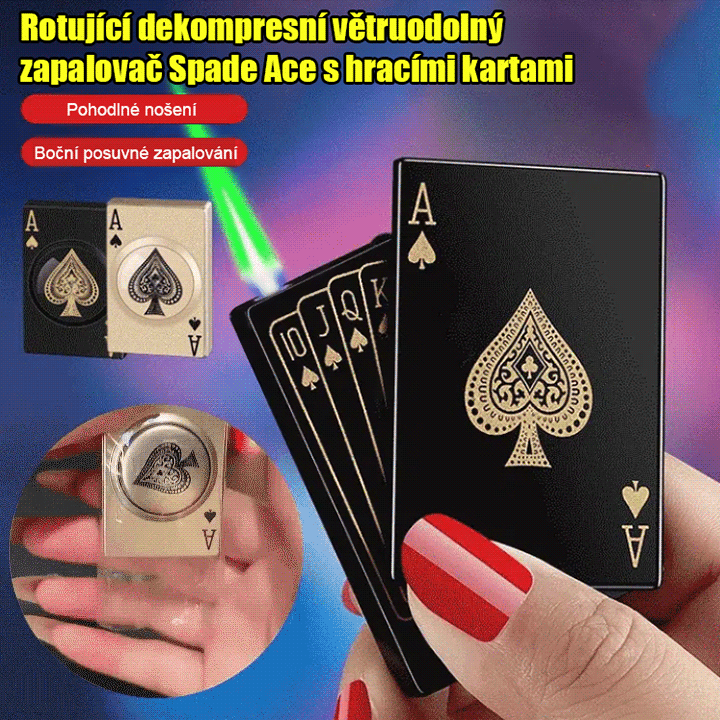 Otočný odolný proti větru zapalovač s motivem pikového esa.