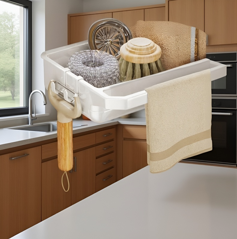 Küchenorganisation mit Aufbewahrungsregal für Tücher und Körbe