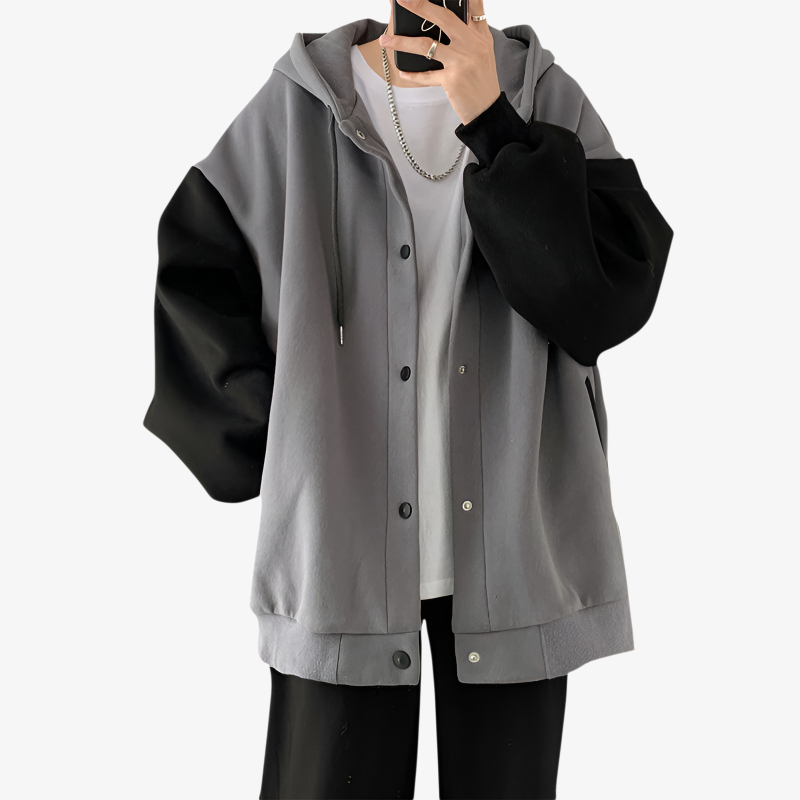 香港スタイルの秋と冬の男性用カジュアルカーディガンジャケット、ベルベットと厚みのあるトレンディなスプライシングスウェットシャツ、ルーズフード付きスウェットシャツ、カップル着用