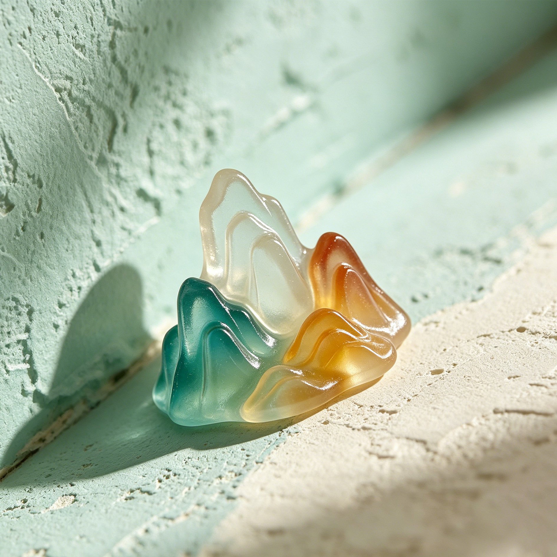 Set of 5 resin mini mountain ornaments displayed on a wooden desk
