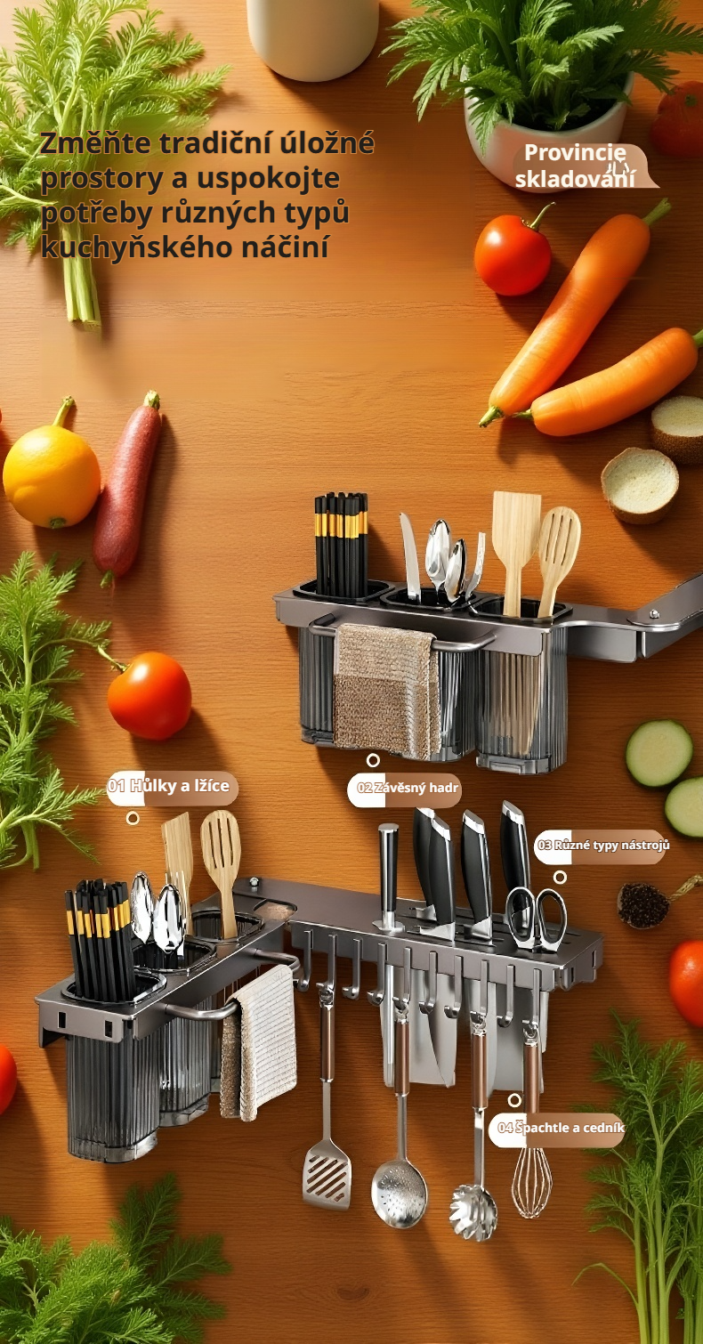 Moderní kuchyň s rohovým stojanem na nože a hůlky