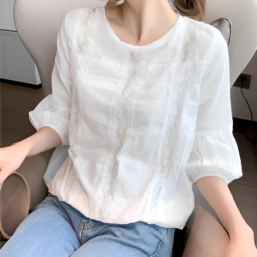 레이스 랜턴 슬리브 쉬폰 오픈워크 셔츠