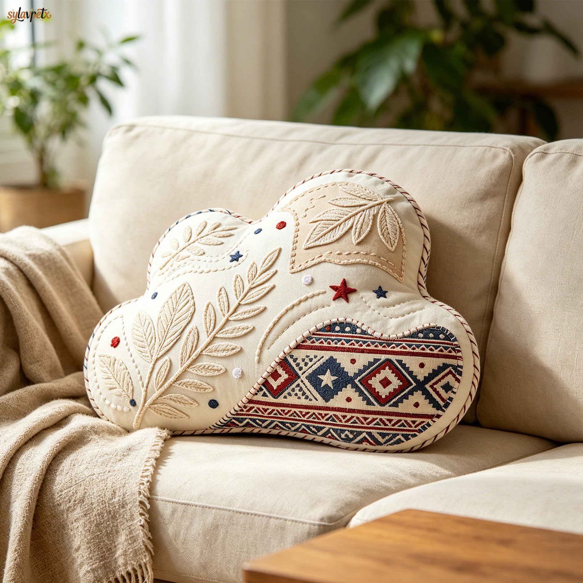 Détail de la broderie nuage sur le coussin lombaire