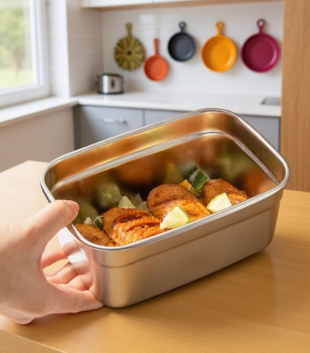 냉장고 내부 정리에 활용된 스테인리스 수납함