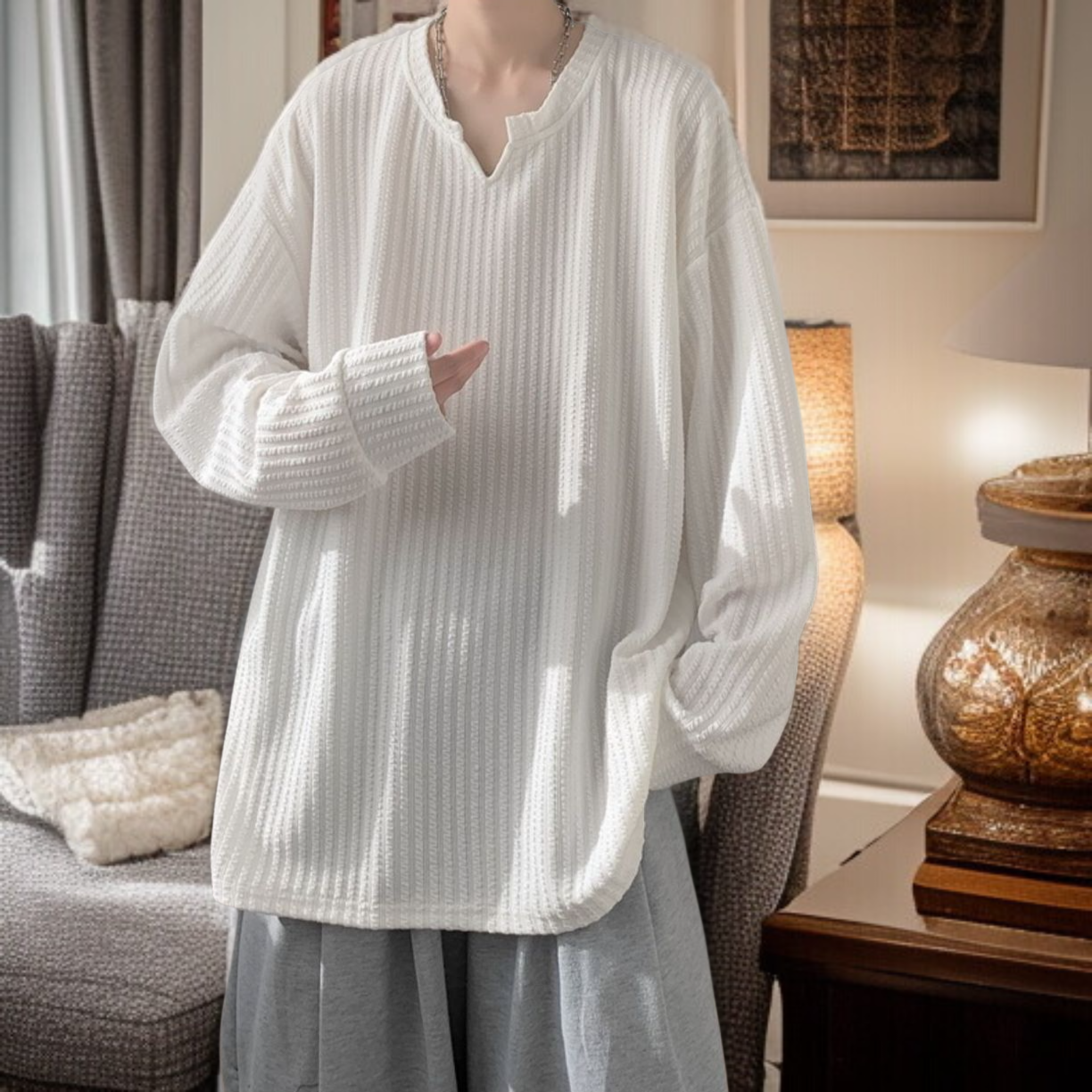 メンズ高級感長袖Tシャツ 2024秋冬新登場 痞帅スタイル ゆるめ 白インナー