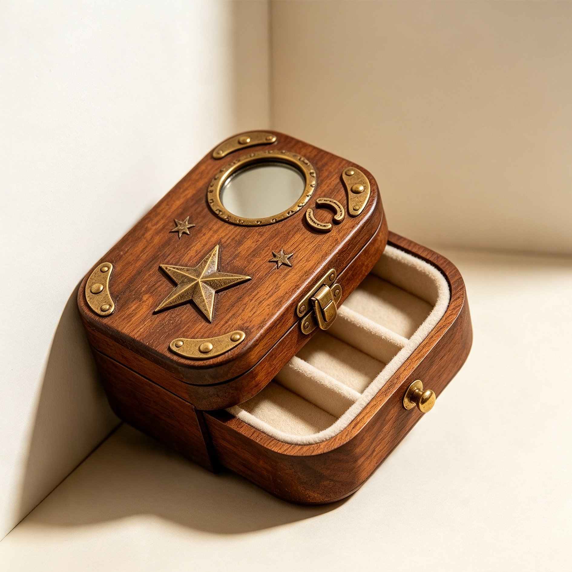 Open Western Star Vintage Jewelry Box displaying compartments