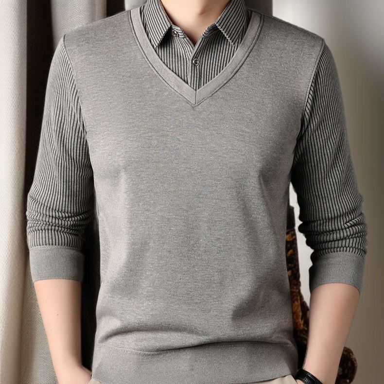 남자 겨울 니트 셔츠 가짜 투피스 기모 도톰 니트 셔츠 솔리드 스트라이프 니트 셔츠