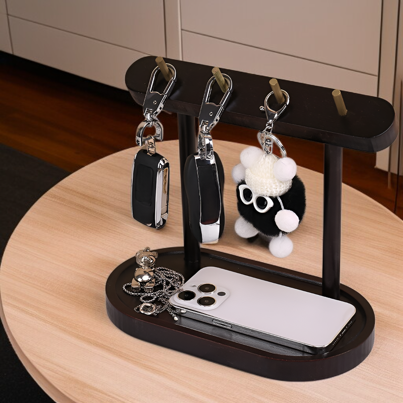 Wooden Key Hook Rack & Small Items Organizer, Clock & Jewelry Display Stand for Entryway