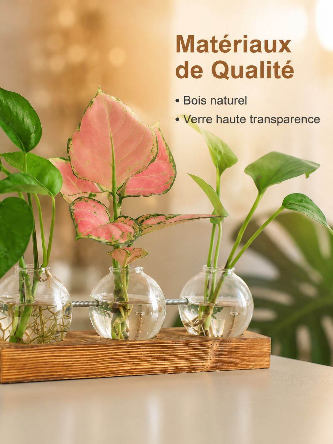 Vase à trois ampoules en verre avec support en bois