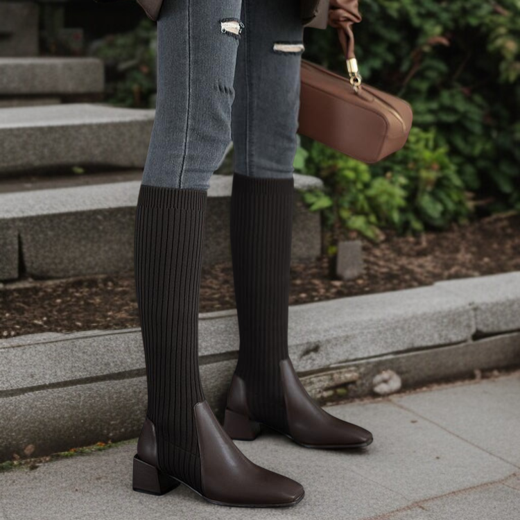 編み皮靴ロングブーツ女性用新作膝上までスリムに見せる弾力性のある編み中筒加減高いヒールのハイブーツ