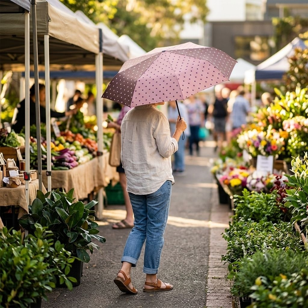 小さな水玉模様の折りたたみ式日傘（黒ビニール製）