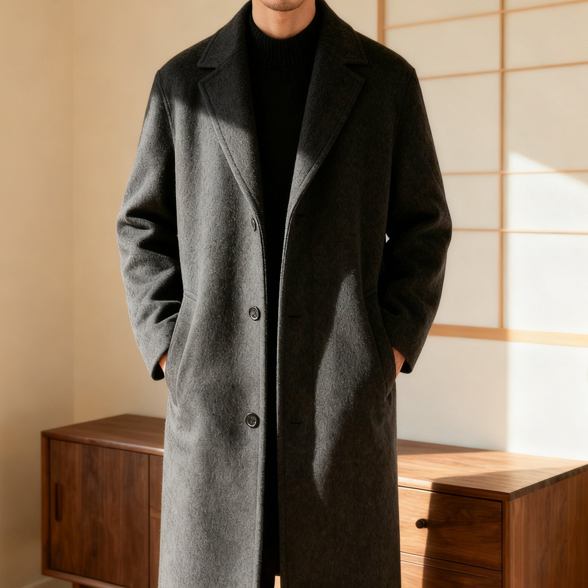 スタイリッシュなメンズロングコート正面画像