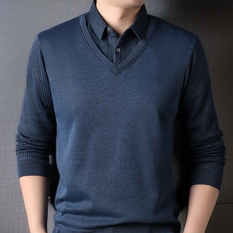 남자 겨울 니트 셔츠 가짜 투피스 기모 도톰 니트 셔츠 솔리드 스트라이프 니트 셔츠