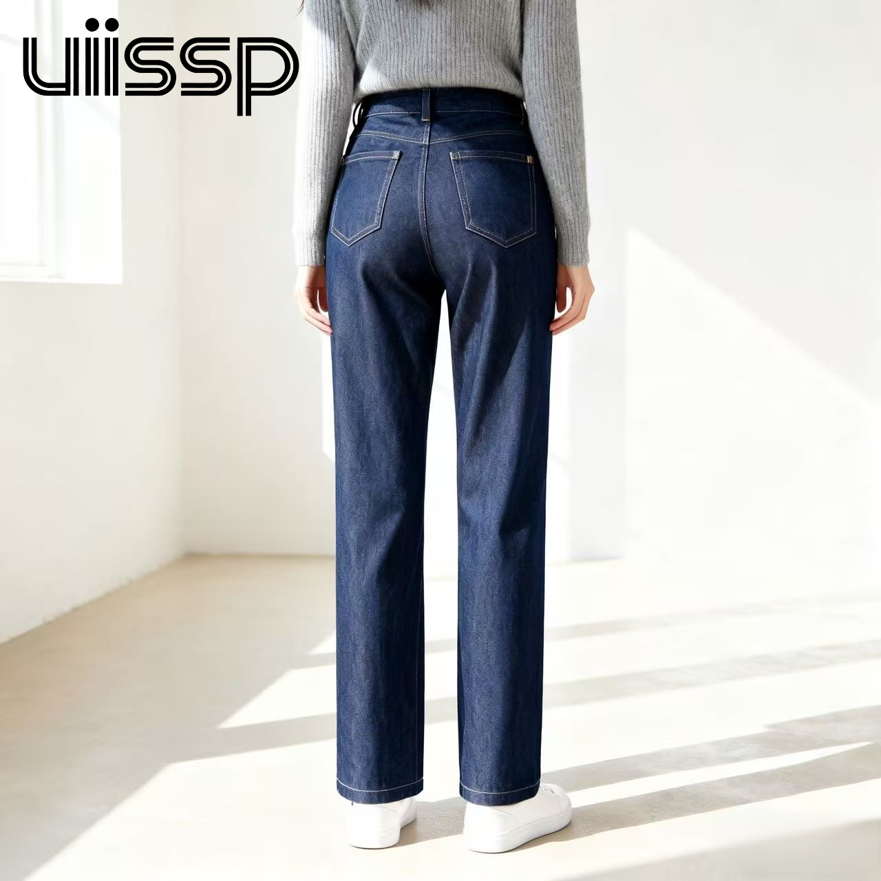 여성용 레트로 워시드 블루 데님 청바지