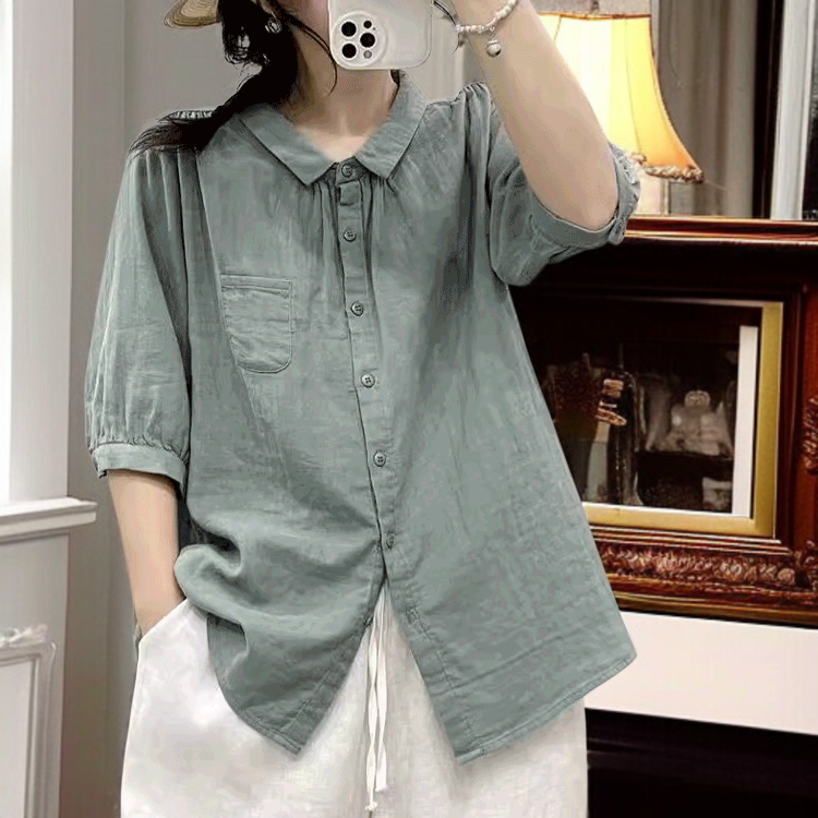 여성스러운 반팔 셔츠 문예 루즈핏 상의 이중 면사 솔리드 셔츠