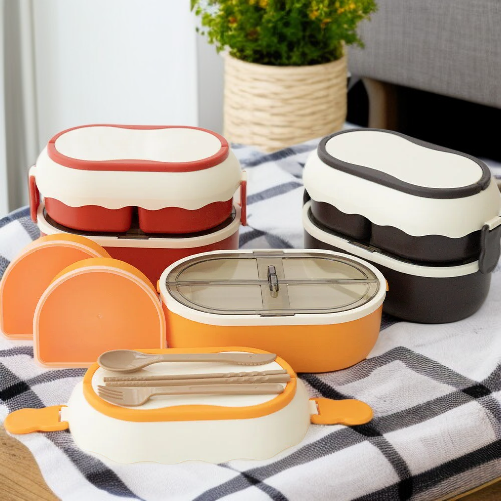  Fiambrera de acero inoxidable de dos pisos estilo pastel adorable con cubiertos