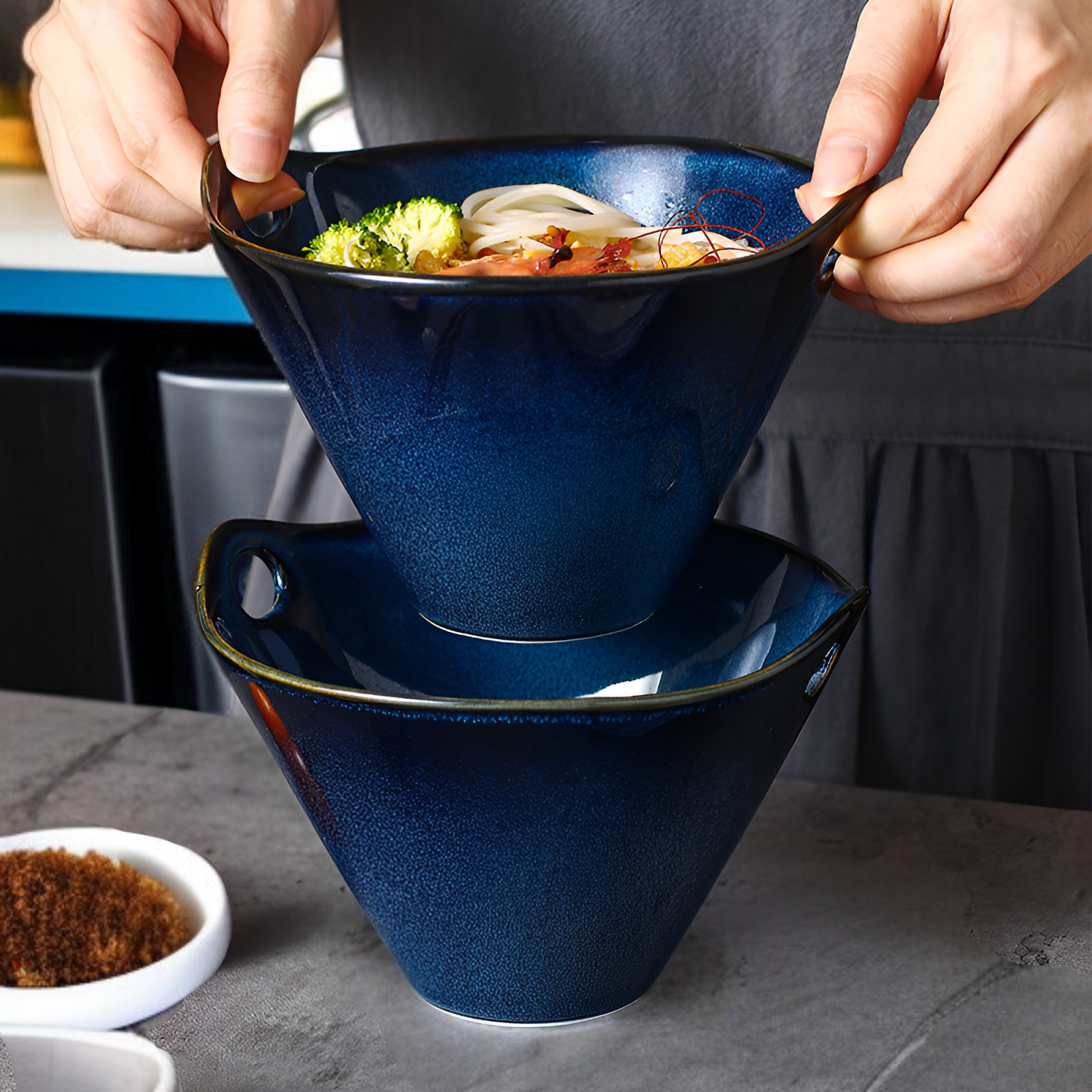 Japanese kiln noodle bowl ceramic hat bowl household ramen bowl double ear bowl creative tableware e