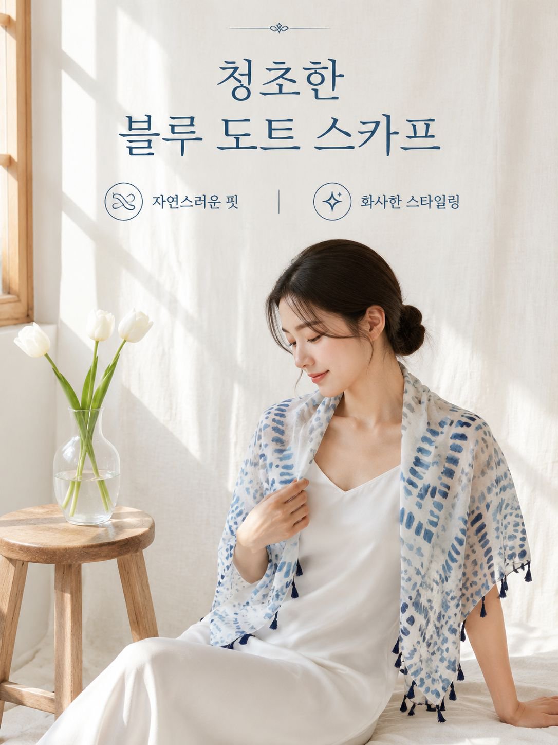 블루 잉크젯 도트 스카프 여 여름 나들이 자외선 차단 숄 봄 가을 얇은 면 마 스카프 투웨이 스카프