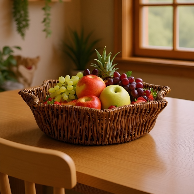 Eco-friendly rattan organizer in kitchen setting