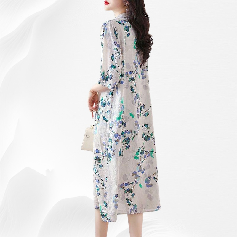 เดรสสไตล์จีนใหม่ ผ้าฝ้ายผ้าลินิน คอจีนติดกระดุม ลายดอกไม้ แขนสั้น ใส่สบายในฤดูร้อน