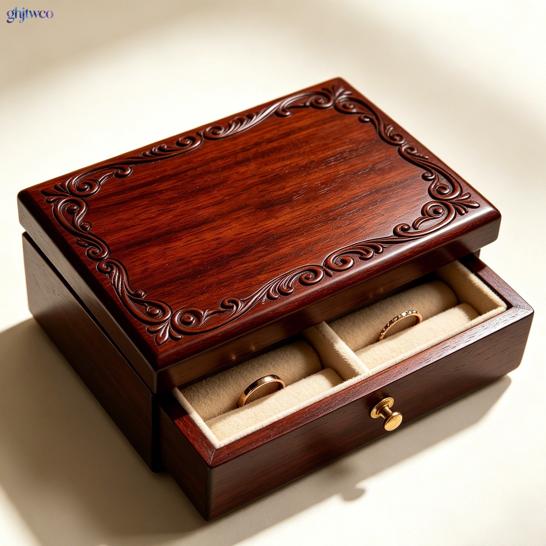 Handcrafted rosewood jewelry box with floral design