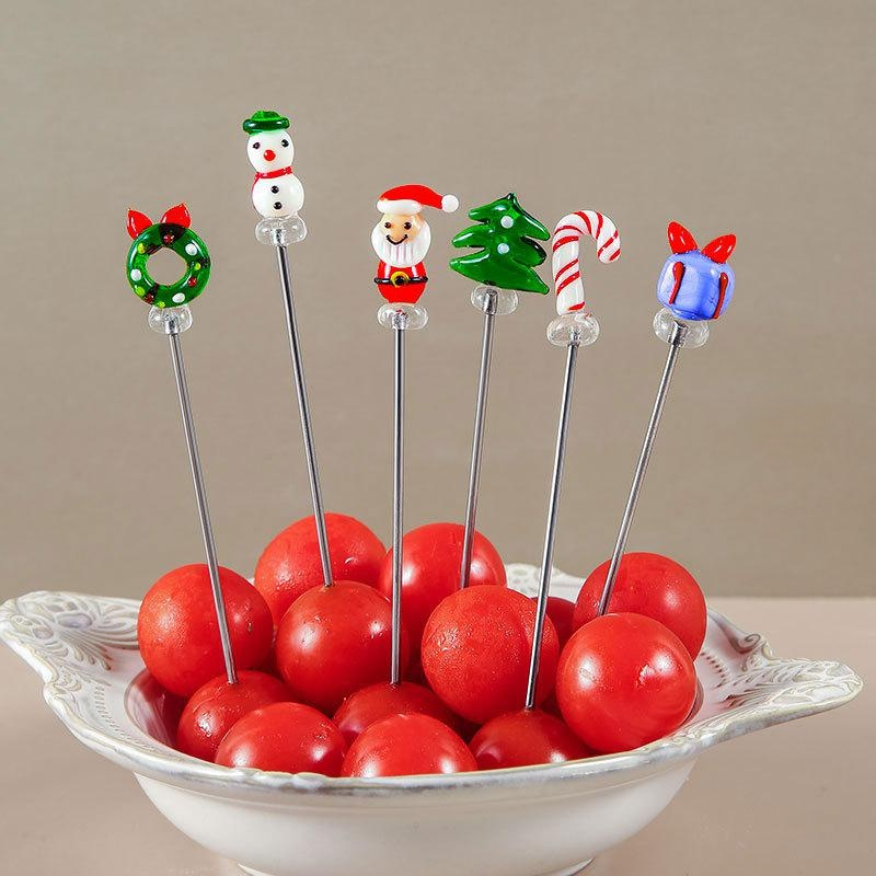 Christmas stainless steel handmade glazed cartoon 2-tooth fruit pick Santa Claus Christmas tree frui