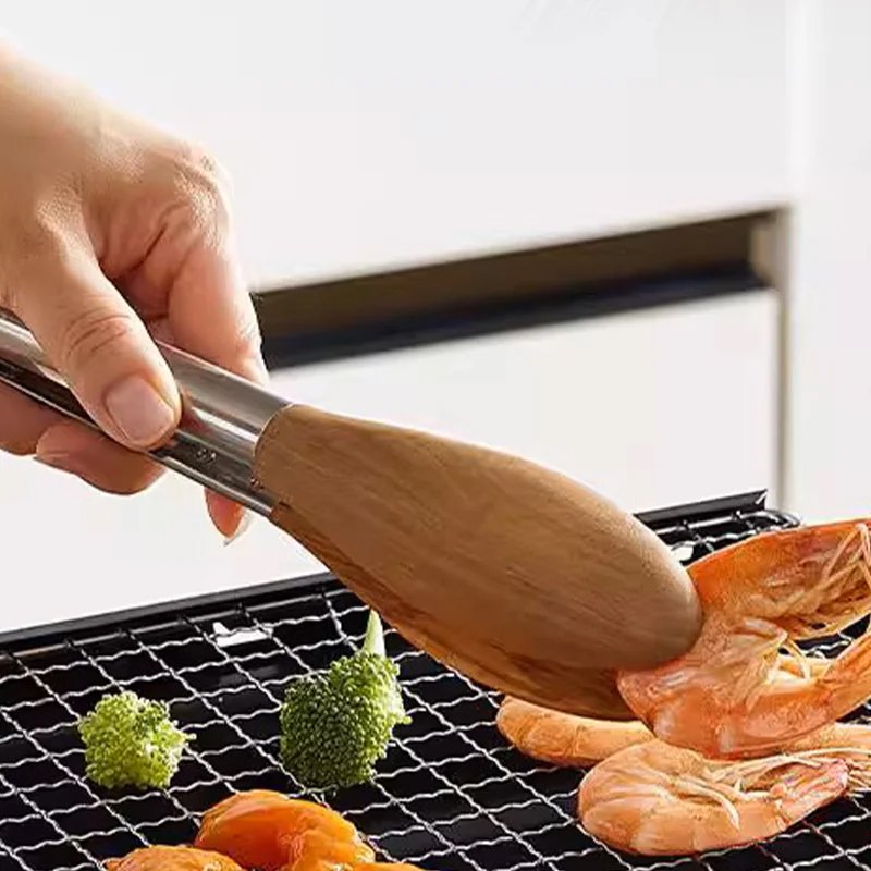 Pinzas de alimentos de madera de acero inoxidable