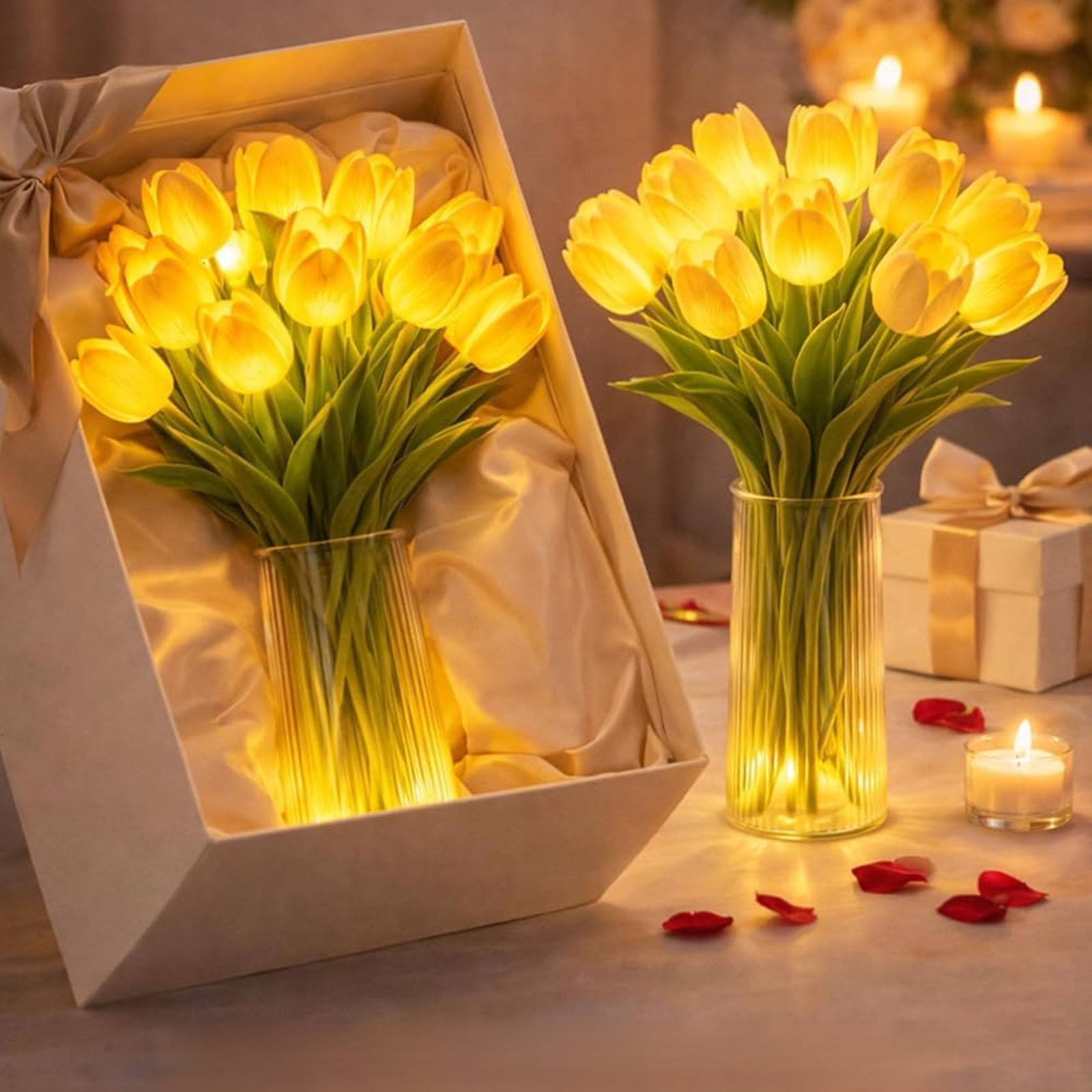 バレンタインデーチューリップ発光手持ち花束家庭装飾ミックスカラー撮影用フェイクフラワー