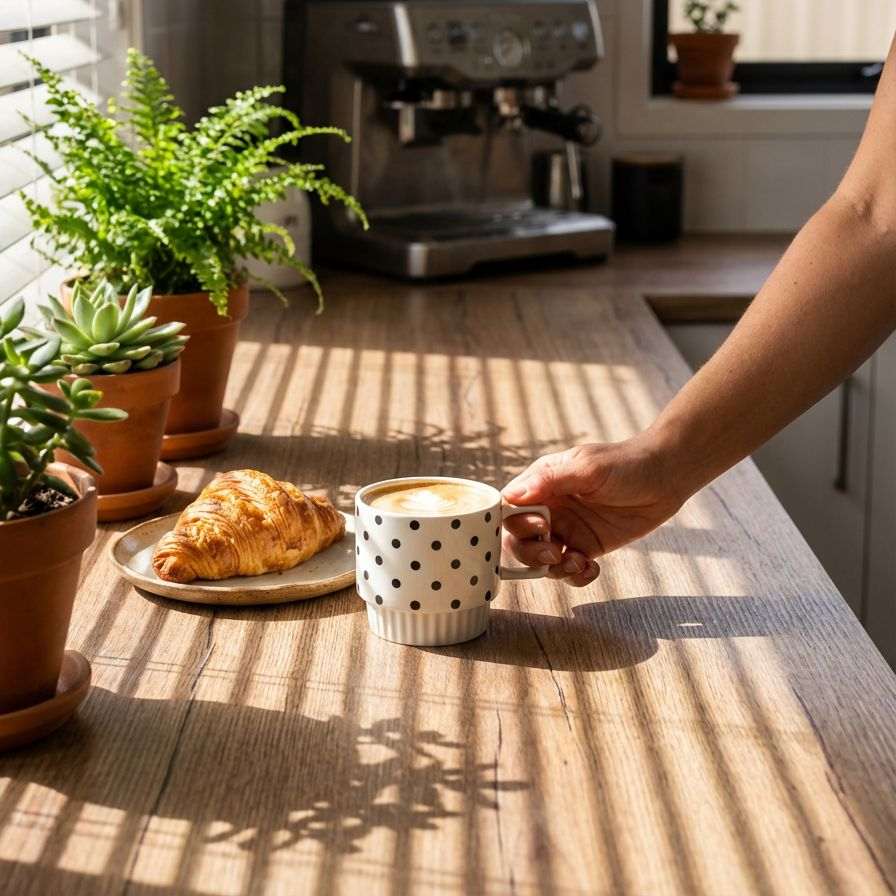 朝食テーブルに置かれた白黒陶器製コーヒーカップ