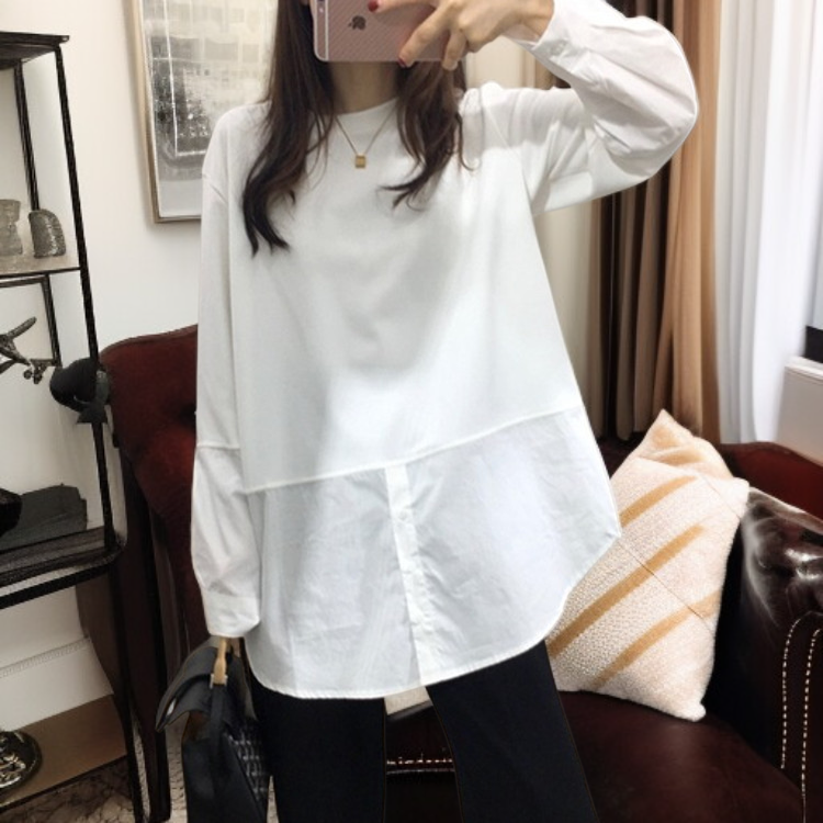 白 秋 長袖シャツ ゆったり 丸首 長袖 ボトムス シャツ コットン Tシャツ
