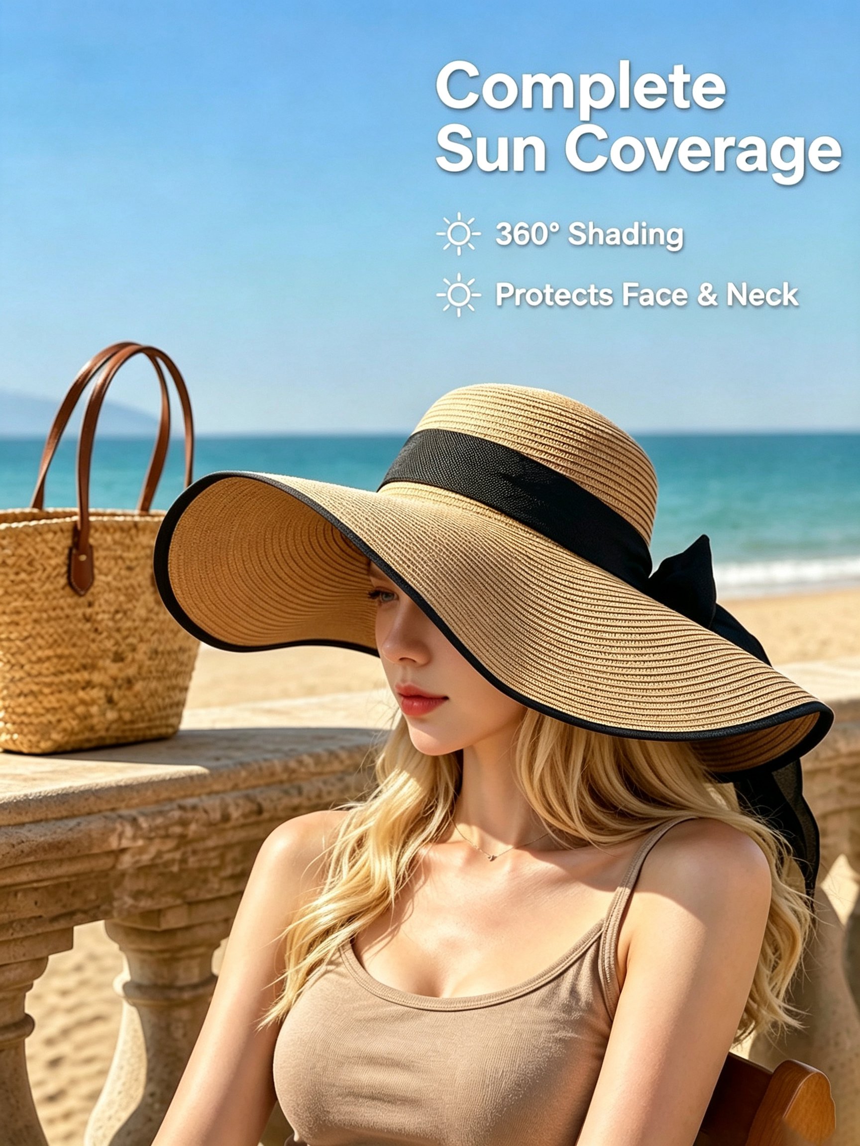 Summer beach outings, wide-brimmed sun hats for sun protection, beach vacations, versatile wide-brim