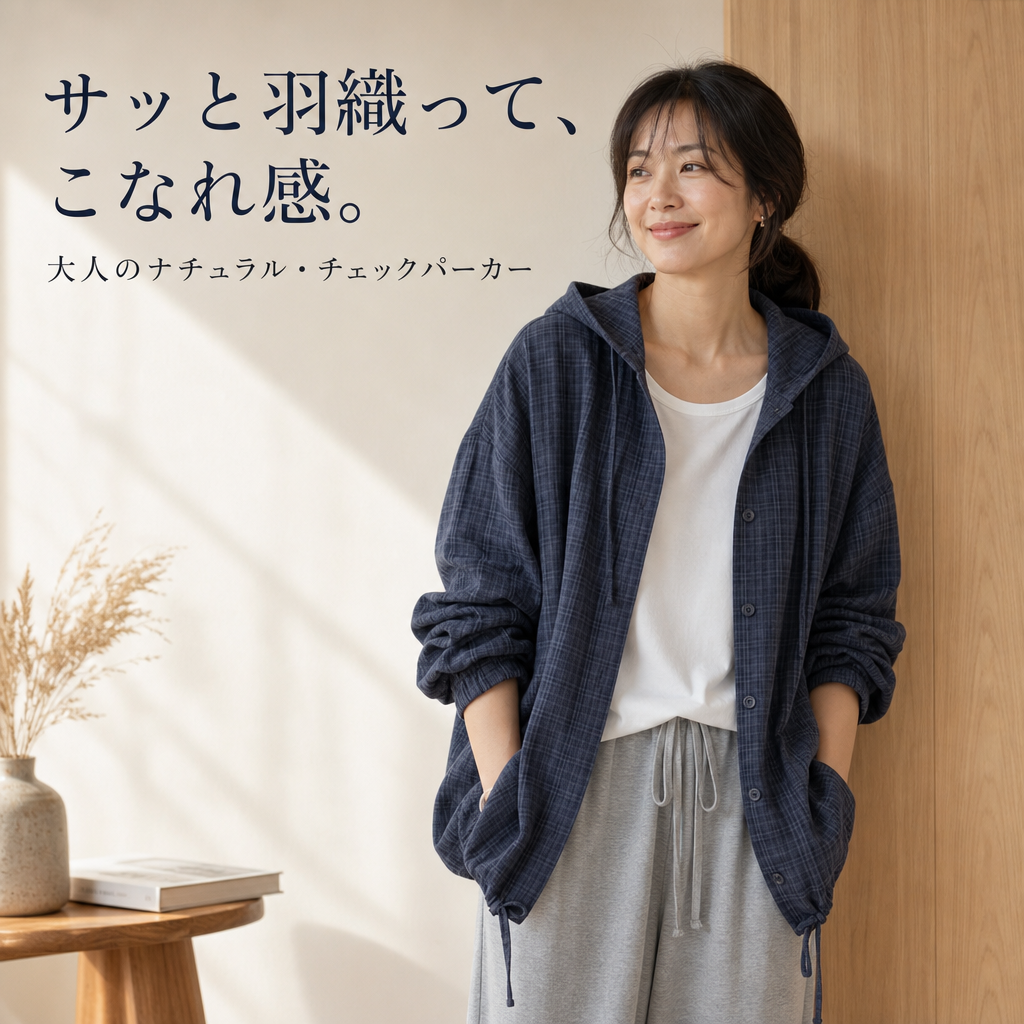 レディース文芸カジュアル格子フード付きジャケット