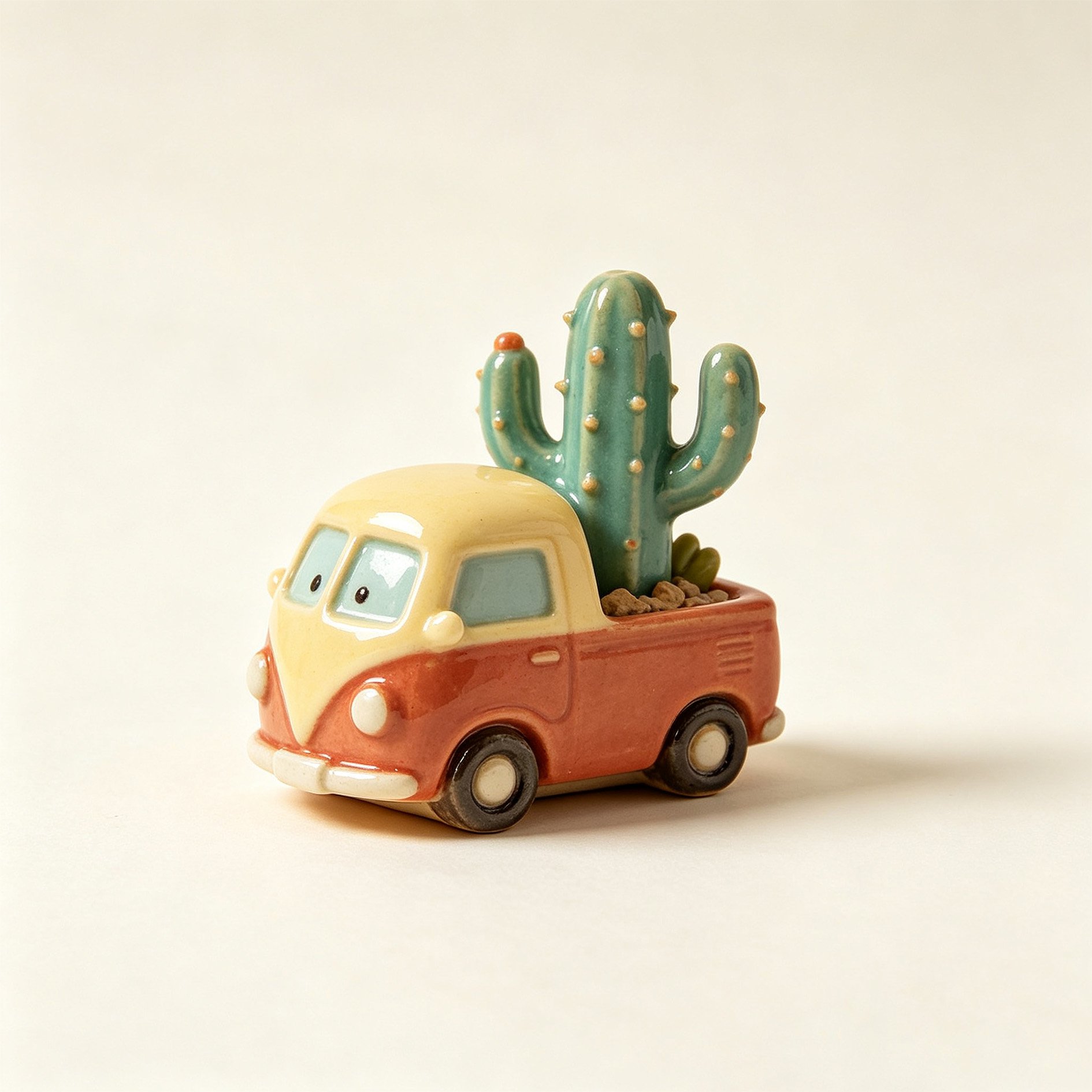 Retro truck cactus bonsai ornament on wooden table