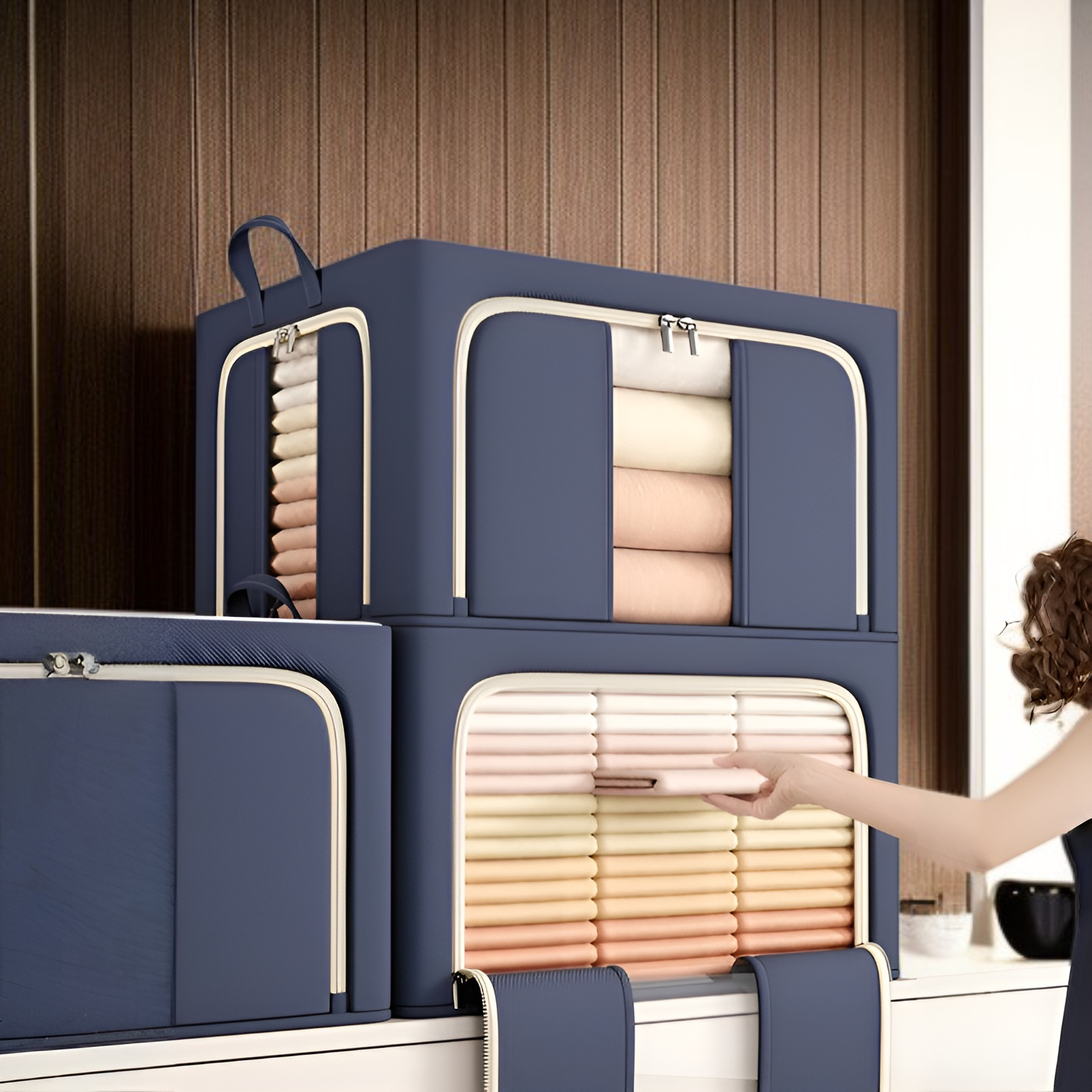 収納ボックス 折りたたみ 衣装ケース 【天面・前面・側面 3方向開閉】 鉄骨フレーム スタッキング 布団収納ケース 衣類 整頓ボックス 中身が見える窓付き 大容量 防塵 防湿 耐荷重 66L/100L