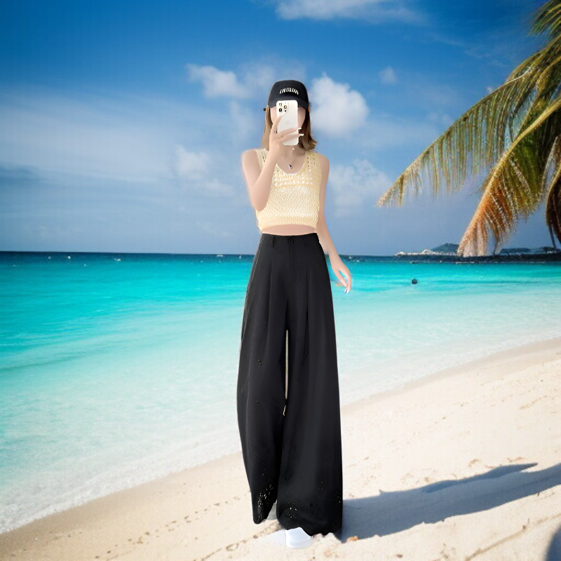 夏用中空ワイドレッグパンツ、フックフラワーワイドレッグパンツ、レディース2025新作、ハイウエストパンツ、スリムドレープレースパンツ、カジュアルストレートパンツ