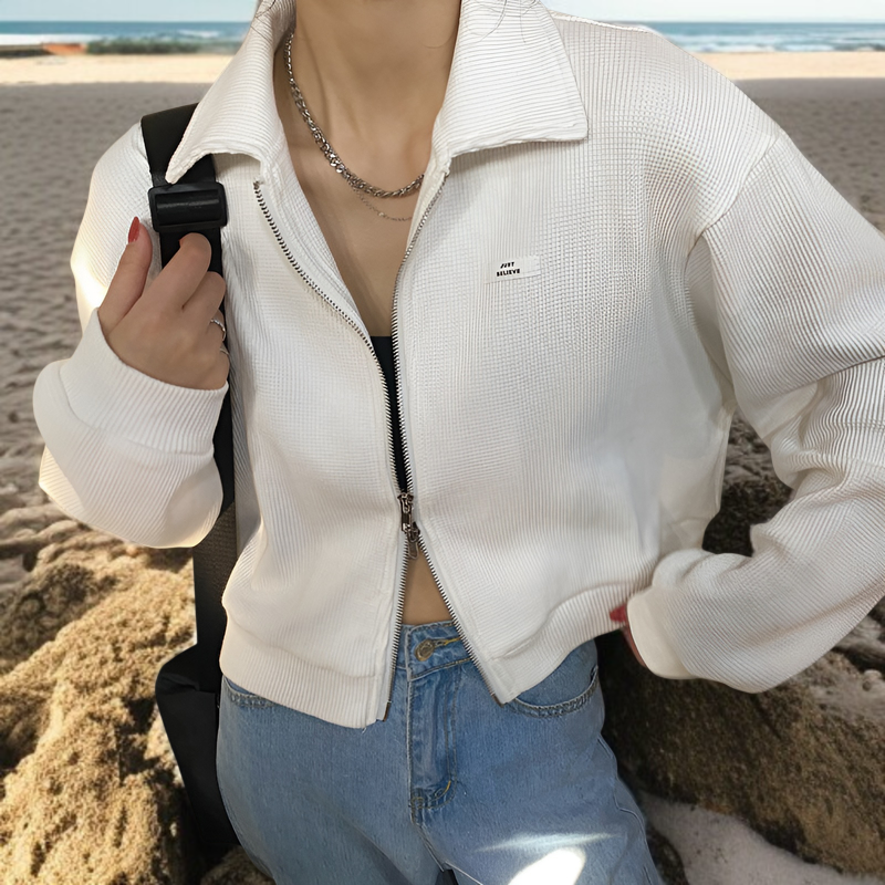 女性用ジッパー付きスポーツワッフルジャケット、春と秋のスタイル、万能カーディガン、学生向けの新しいスタイル、ショートトップス