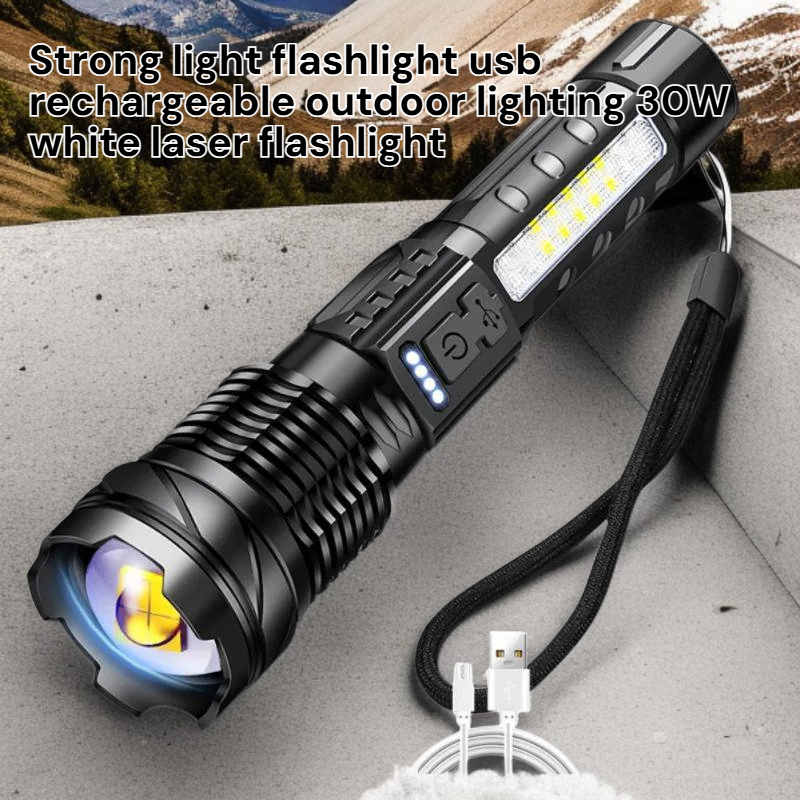Linterna láser blanca de 30W, recargable por USB, para iluminación exterior